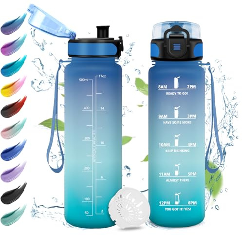 Trinkflasche 500ml, Wasserflasche mit Filte, Sport Trinkflaschen Kohlensäure Geeignet,mit Zeitmarkierungen, Auslaufsicher für Picknick, Schule, Junge, Mädchen, Büro