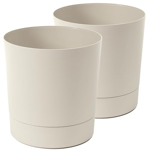 Tymar Blumentopf mit Untersetzer, 2er-Pack, Dekorativer Pflanzentopf aus Kunststoff, Moderne Runde Form, für Innenräume, ø 40 cm, Beige