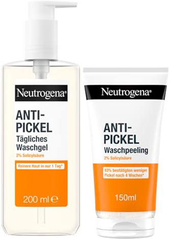 Neutrogena Anti-Pickel Pflege-Set: Waschgel & Waschpeeling mit 2% Salicylsäure, klärende & mattierende Gesichtsreinigung für reinere Haut in nur 1 Tag, sanft & ölfrei, 50% recyceltes Plastik