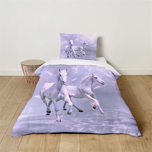 Hearda Kids Single Duvet Cover Set, Modern Horse Print Comfortable Single Bedding Sets, Boys Girls Duvet Cover with Pillow Case, Bedding for All Season (Purple,135x200cm)