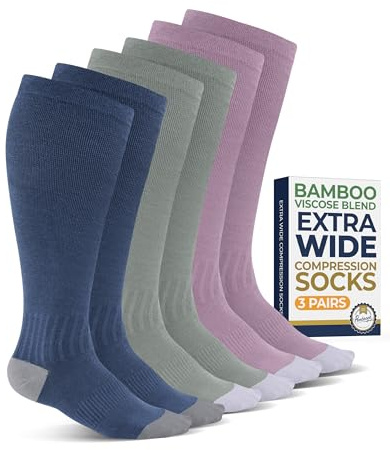 Pembrook 3 Pairs Plus Size Compression Socks Wide Calf - Bamboo Viscose Plus Size Knee High Socks, Light Green, Light Blue, Rose/Rse-3XL
