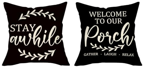 Fjfz Welcome To Our Porch Stay Awhile Decorative Throw Pillow Covers 18 x 18 Set of 2, Black Gather Laugh Relax Patio Outdoor Outside Country Home Decor, Farmhouse Couch Cushion Case Housewarming Gift