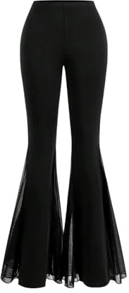 SOLY HUX Pantalon évasé élégant pour femme Y2K - Pantalon stretch avec maille - Style gothique punk - Taille haute - Pantalon de danse - Pantalon de fête - Tenue d'automne, Noir , L