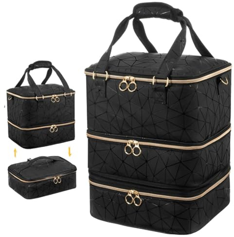 Nail Polish Storage Organiser Bag, 3 Layer Portable Nail Varnish & Manicure Tools Case with Shoulder Strap, Holds 84 Bottles & Nail Lamp, Waterproof PU Leather Carrying Case for Nail Tech - Black