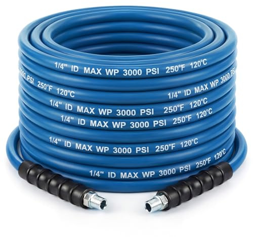 Innconee 1/4 X 100' Blue Carpet Cleaning Solution Hose 3000 PSI MPT High Pressure Solution Line for Carpet Extractors 250 Degree Heated Water Hose for Commercial Cleaner