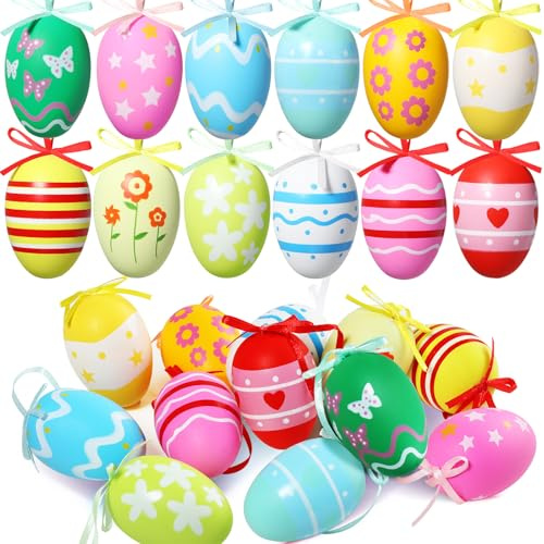 Ovetti Pasquali Decorativi, 24pcs Uova di Pasqua Decorative da Appendere, uova Colorate per Albero, Carine e Graziose, Facili da Appendere e Robuste