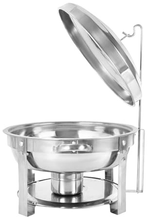 Scaldapiatti per buffet rotondo, 7,5 l, pentola di servizio inox 410, fornello da tavolo per alcool, piatto caldo per matrimonio ricevimento, coperchio con gancio, argento