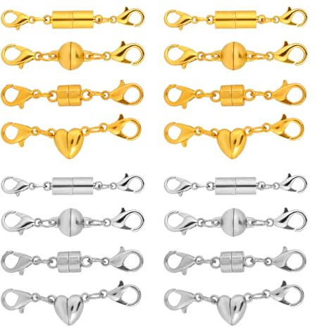 16pz Chiusura Magnetica Collana da Donna, 4 Stili Estensori per Chiusure di Gioielli per la Creazione di Collane e Bracciali (Color Oro e Argento)
