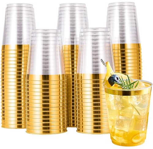 ZkateTrade 50 Stück Hartplastik Plastikbecher mit Gold Rand, 300ml/10oz Kunststoff Partybecher, Mehrweg Transparent Trinkbecher für Party, Hochzeiten, Geburtstag