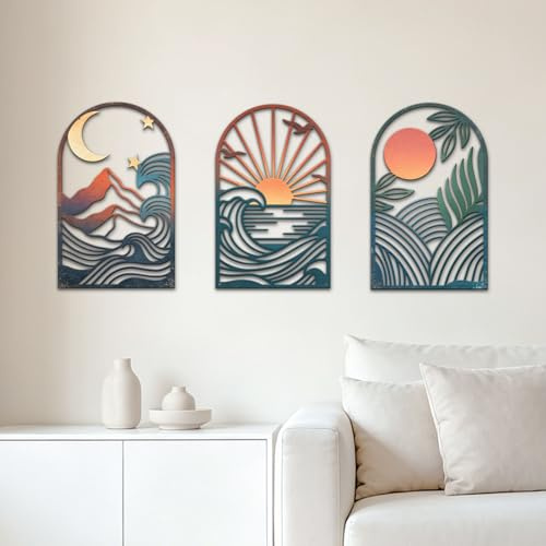 GLOBLELAND 3 Pcs Boho Metal Minimalist Landscape Wall Decor Line Abstract Wall Art Sculpture Moon Star Vintage Hollow Out Metal Wall Decoration for Indoor Living Room Outdoor Art Museum Cafe Garden