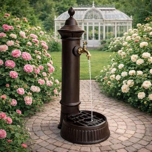 Fontaine de Jardin Fontaine à Poser en Fonte d'Aluminium Patinée Marron avec Robinet Fonctionnel en Laiton 26x35x72cm