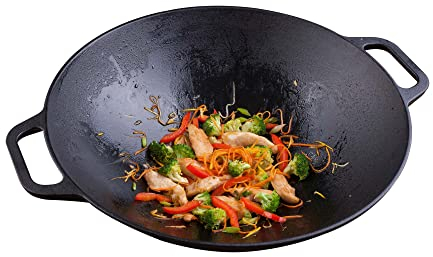 VICTORIA Wok Hierro Fundido Curado Inducción 35,5cm, Apto para Fuego, Barbacoa, Horno, Vitrocerámica, Gas, Cast Iron Wok Curado para Crear Antiadherente Libre de Tóxicos sin PTFE ni PFOA