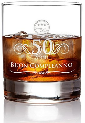 AMAVEL Tumbler da Whisky in Vetro con Incisione - 50 Anni - Buon Compleanno - Bicchieri Cocktail Personalizzati - Degustazione - Accessori Decorativi Casa - Idee Regalo Originali - Capacità: ca 320 ml