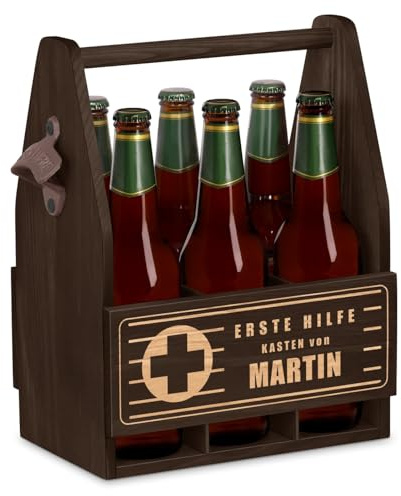 Maverton Bierträger für 6 Flaschen 0,5L mit Gravur - Männerhandtasche mit Flaschenöffner - Größe: 25x17x32cm - aus Holz - personaliserte Geschenke für Männer zum Geburtstag