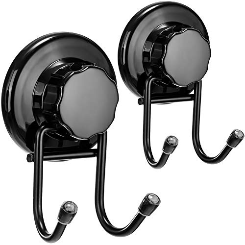 SANNO Suction Cup Hooks, Shower Squeegee Holder, Towel Robe Loofah Holder, Bathroom Kitchen Shower Wall Hooks, Bathroom Accessories, Black (2 Pack)