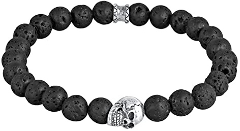 Kuzzoi Herren Armband mit Lava Stein Perlen 925 Silber Totenkopf Bead | Chakra Yogaarmband Energiearmband Länge 19-23 cm elastisch