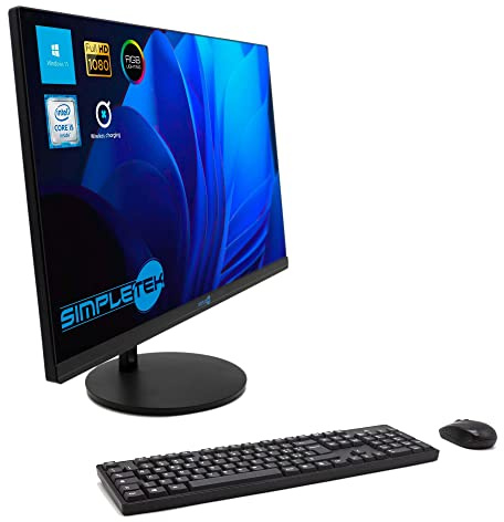 Simpletek All in One AiO 24 FHD Core i5 Jusqu'à 3,1 GHz Windows 11 4 Go RAM 120 Go SSD | Base recharge sans fil LED RGB Kit souris clavier Webcam PopUp