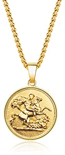 Joliernelle St. George Dragon Slayer Pendant with Solid Chain Stainless Steel Gold Sovereign Coin Necklace for Men/Women 60cm