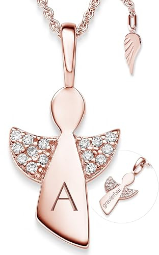 Amoonìc Schutzengel Kette Mädchen Rosegold (Silber 925 vergoldet) Kommunion | Taufkette Geschenk zur Taufe Erstkommunion Konfirmation, personalisierte Kinder Halskette mit Engel-Anhänger mit Gravur