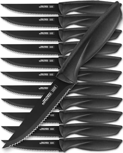 Home Hero Bistecca Knives, Sharp Bistecca Knives Set, High-Carbon Stainless Steel Steak Knife Set, Ergonomic Handles Serrated Knives (12 pezzi - nero)