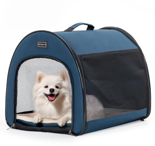 Petsfit Hundebox faltbar für kleine Hunde Katzen, tragbare & Atmungsaktive Hundebox für Zuhause mit Gewölbtem Design, Zimmerkennel Hund Hundeschlafbox mit Anti-Offener Reißverschluss und Plüschkissen
