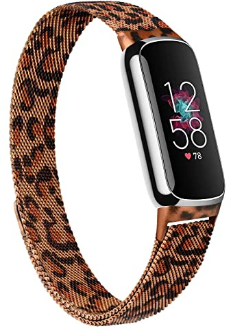 Oumida Armband Kompatibel mit Fitbit Luxe Armband für Damen Herren, Prämie Edelstahl Metall Ersatzarmband mit Starker Magnet Uhrenarmbänder für Fitbit Luxe, Leopard