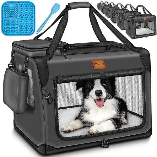 TRESKO® Hundebox faltbar inkl. Leckmatte, Spatel & Reflektoren M 61x42x42cm | Transportbox für Hunde und Katzen | Hundetransportbox Auto für kleine & große Hunde | Hundetasche robust Anthrazit