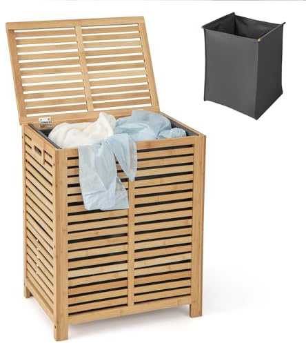GOPLUS 80L Bambus Wäschekorb, Wäschetruhe mit Deckel, Wäschebox mit abnehmbarem Wäschesack, für Badezimmer, Schlafzimmer & Wohnzimmer, Natur