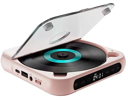 Persistence Portable CD Player Bluetooth Speaker, LED Screen, Stereo Player, Wall Mountable CD Music Player with FM Radio -Pink, 500389176A2
