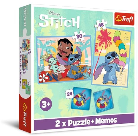 Trefl - Puzzles und Memory-Spiel - EIN fröhlicher Tag mit Lilo & Stitch 3+ | 2xPuzzle + Memory-Spiel, 30 und 48 Teile, unterschiedliche Schwierigkeitsgrade, 24 Memos, hohe Qualität, ideal als Geschenk