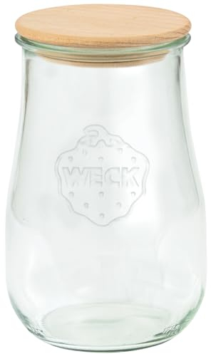 Weck 79207 79207 - Tarros de cristal con forma de tulipán (4 unidades, 2500 ml, tapa de madera + junta de silicona, cristal de almacenamiento para pasta, especias, cereales)