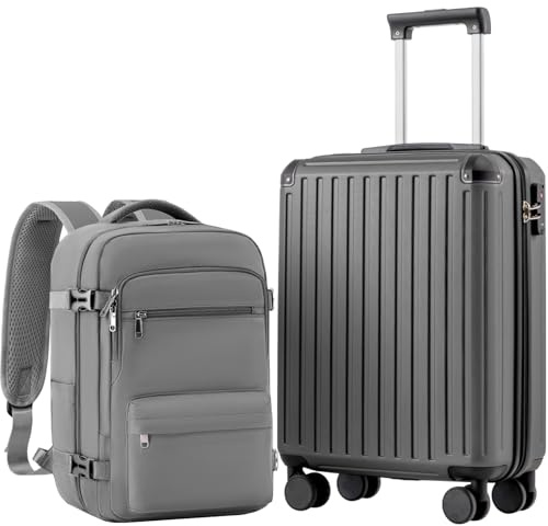 COOLIFE Kabinväska 55 x 40 x 20 cm för Ryanair flygplan, handbagage, kabinbagage, hård väska med TSA-lås och 4 dubbla hjul, Grå, 55 x 40 x 20 cm - Set de 2 piezas, Trolley resväska resväska ABS hårt
