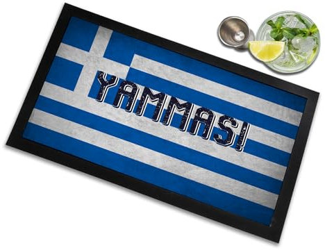 Alfombrilla de bar con bandera griega | Yammas! | Tapete de cerveza para bar | Accesorios de bar para el hogar