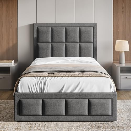 Blisswood Single Bed Frame, 3ft Single Upholstered Ottoman Bed, UKFR Linen Fabric Ottoman Storage Bed with Gas Lift End Opening Wooden Slats (3ft Single, 100 x 204 cm, No Mattress)