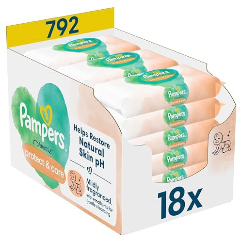 Pampers Harmonie Protect & Care Feuchttücher 18 Packungen mit jeweils 44 Feuchttüchern = 792 Feuchttücher, die helfen, den natürlichen pH-Wert der Haut wiederherzustellen