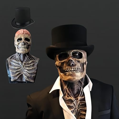 Lanckeli Halloween Totenkopfmaske mit Beweglichem Kiefer, Gruselige Schädeldecke, Latexmaske für Erwachsene Cosplay Requisiten. (A1 - Grau Rot + Hut)