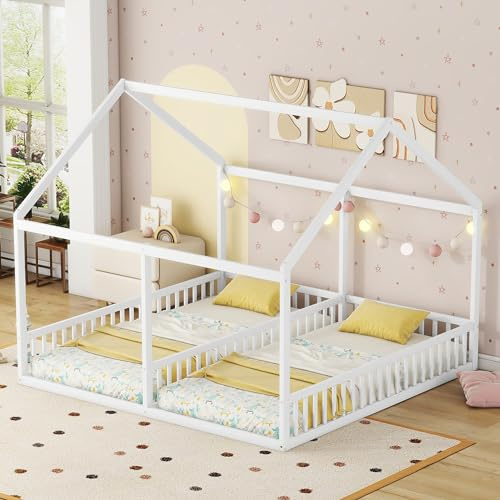Ctastay Kinderbett Doppelbett Einzelbett 90x200 cm für 2 Kinder, Bett Hausbett Holzbett mit Dach und Rausfallschutz, Flachbett Tagesbett Bettgestell mit Lattenrost, Weiß (Ohne Matratze)