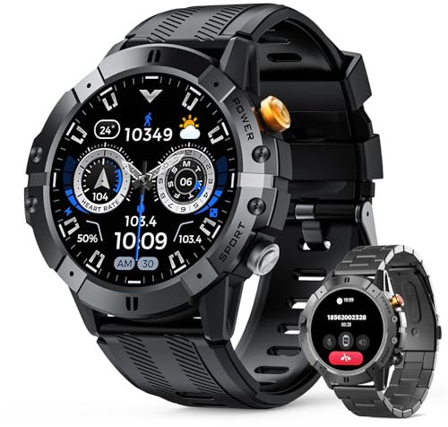 Militaire Montre Connectée homme avec appels Bluetooth, assistant vocal, écran HD rond 1,52, moniteur de fréquence cardiaque, tracker de sommeil, 100+ modes Sportifs, fitness pour Android iOS