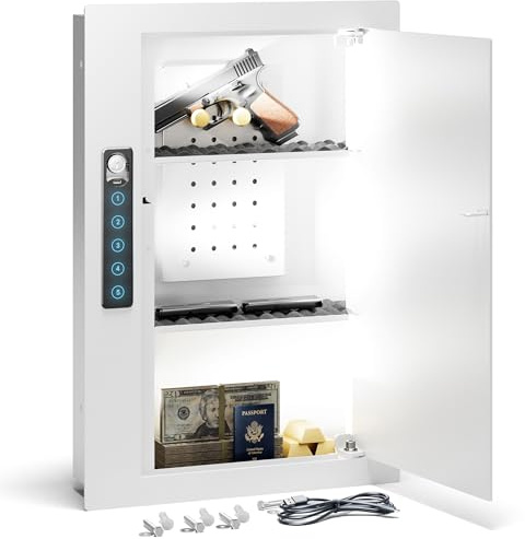 Grimtron Quick Access White Wall Safe with Removable Pegboard & Shelfs, Flat Hidden In Wall Safes Between the Studs 16 Centers, Wall Mount Safe for Cash, Valuables, Document