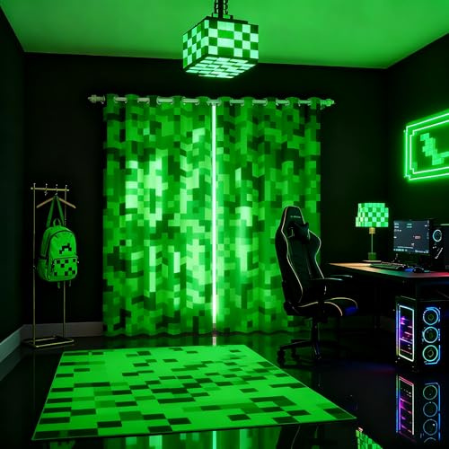 Grüne verpixelte Minenarbeiter-Vorhänge, Videospiel-Fenstervorhang, Kinder-, Jungen-, Mädchen-, Teenager-Raumdekoration, Cartoon-Gamepad-Fensterbehandlungsvorhang, modern, geometrisch, kariert