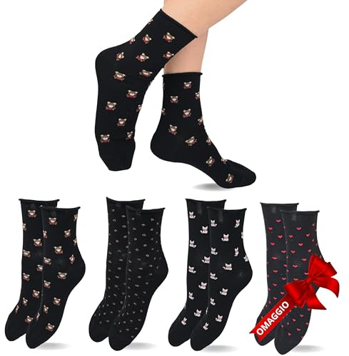 LEON D'ORO Calzini Donna COTONE Senza Elastico Calze Donna Corte Moda 4 PAIA di cui 1 OMAGGIO Calze Ragazza Made in Italy(IT, Testo, Taglia unica, Regular, Regular, 400 3+1 omaggio Paia ASS3)