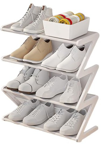 joukares Schuhregal mit 4 Ebenen, Z-förmiger Schuhaufbewahrung, kleines Schuhregal für engen Raum, Flur, Eingang, Schlafzimmer, einfache Montage, platzsparend, Weiß S