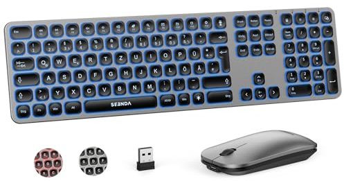 seenda Ensemble clavier souris sans fil, rechargeable avec éclairage 3 couleurs, ultra fin, 2,4 G, clavier sans fil avec souris, taille complète pour ordinateur portable Windows, noir et gris