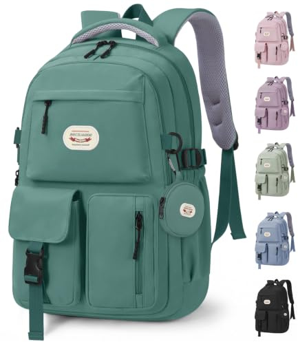 BECOJADDE Backpack School Bag for Women and Girls, 15.6 Laptop, Green 25L | Lightweight rucksack, Water-resistant, Padded shoulder strap, Detachable coin purse, Anti-theft pocket, College, Work, Travel