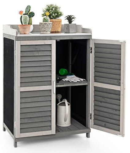 HOMASIS Pflanztisch Outdoor wetterfest aus Holz, Gartentisch mit Schrank & Metallplatte, Arbeitstisch mit 2 Regaln & 3 Rolltüren, Blumentisch Holzschrank für Terrasse Garten Balkon, 67x47x100cm, Grau