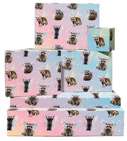 Fairy presentpapper för kvinnor - 6 ark miljövänligt presentkort med etiketter - tvättbjörn älva - djur - krita - levereras med klistermärken - av Central 23
