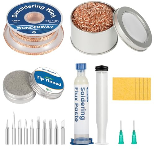 Tip Cleaning Kit, Solder Wick, Solder Iron Tip, Brass Cleaning Wire,Soldering Tip Cleaner, Cleaning Sponge & Solder Flux, Supplied By Wonderway (SWK-001)