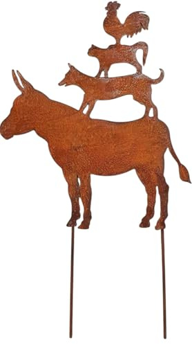 Bornhöft Gartenstecker Bremer Stadtmusikanten, Edelrost Metall Dekoration, Gartendeko Tierfiguren, Rostoptik XXL Wetterfest 80cm
