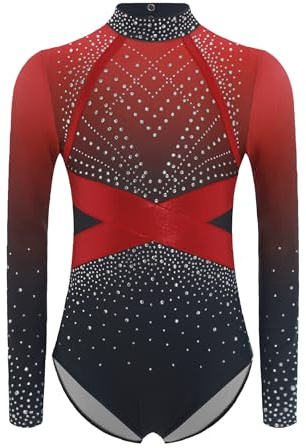 Fldy Mädchen Turnanzug Langarm Glitzer Farbverlauf Gymnastik Trikot Mit Kunstdiamanten Kinder Eislaufen Tanzkostüm Sportbody Rot 134-140