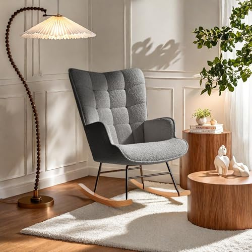 FEEOHOME Schaukelstuhl, Schaukelstuhl, Stillsessel, Schaukelstuhl, Stillstuhl, Samt, für Schlafzimmer und Wohnzimmer, karierte Rückenlehne